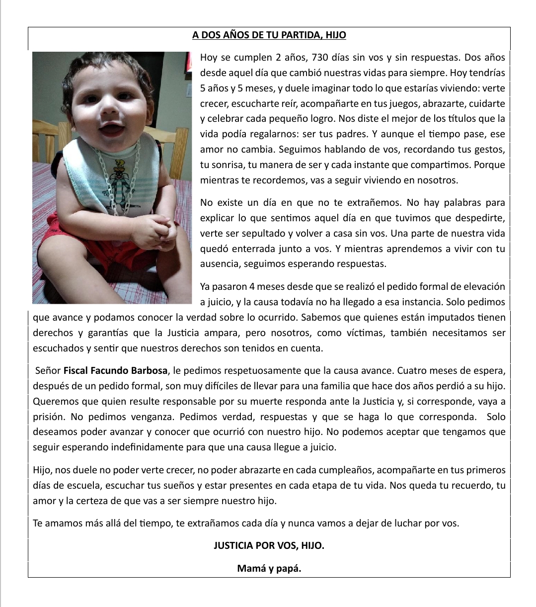 Carta de los padres de Facundo