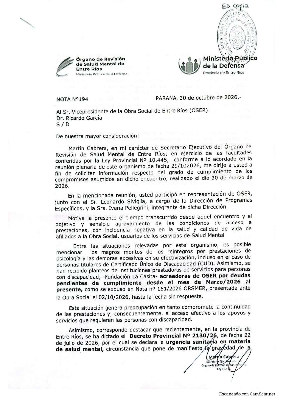 Pedido de informes a la OSER